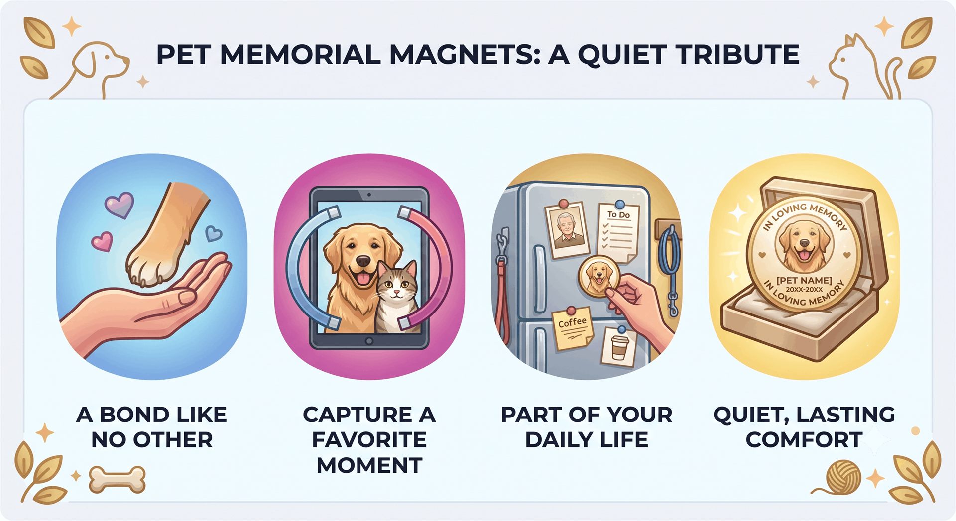 Custom pet memorial magnet with a dog photo on a refrigerator